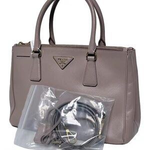 Prada Taupe Saffiano Leather Crossbody Tote with Gold Hardware